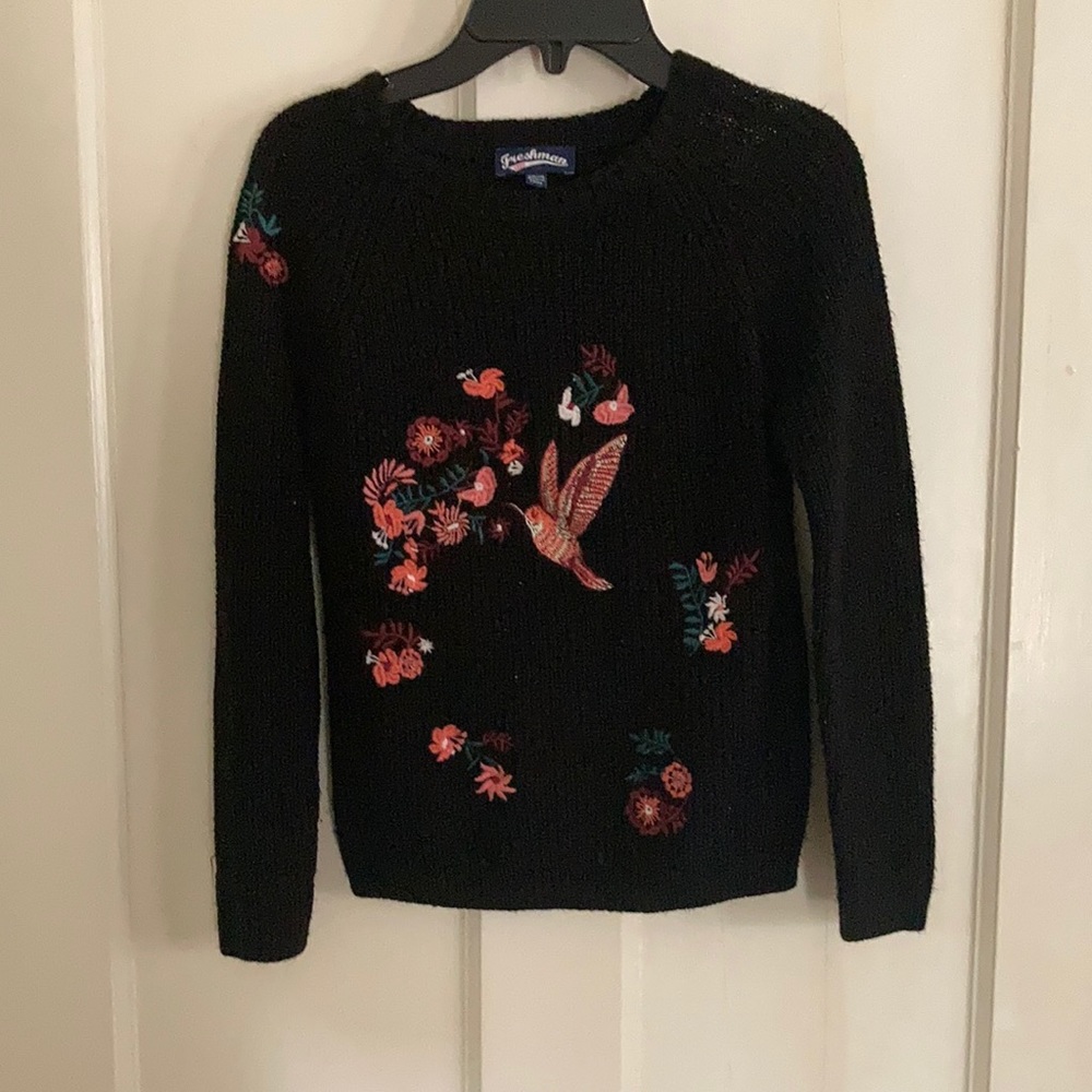 Black sweater with humming bird and flower designs
